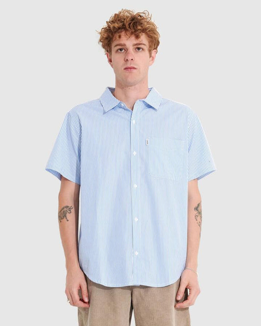 Image of a model wearing Tops. Productname: Misfit Mens Tuff Shed Short Sleeve Shirt Blue - in Blue colour by brand - Misfit