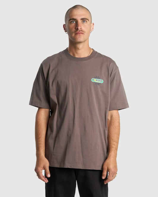 Image of a model wearing Tops. Productname: Worship Mens Unified T-Shirt Shroom - in Shroom colour by brand - Worship