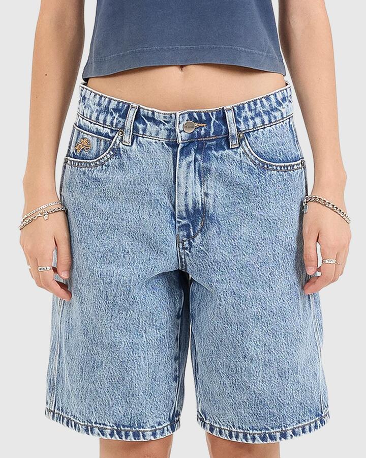 Image of a model wearing Shorts. Productname: Worship Womens Alt State Sloucher Shorts Blue - in Blue colour by brand - Worship