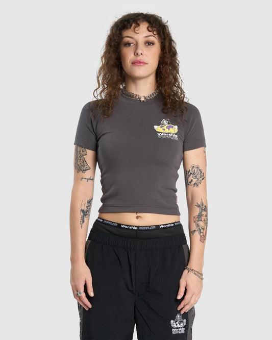 Image of a model wearing Tops. Productname: Worship Womens Win Win Slim Raglan T-Shirt Washed Black - in Washed Black colour by brand - Worship