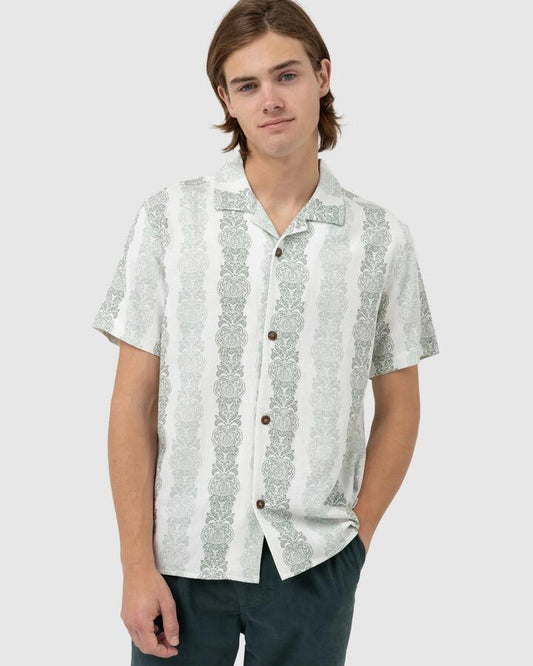 Image of a model wearing Tops. Productname: Rhythm Mens Pineapple Stripe Short Sleeve Shirt Sage - in Sage colour by brand - Rhythm