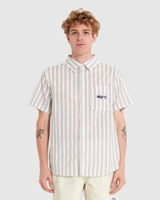 Image of a model wearing Tops. Productname: Misfit Mens Parelz Short Sleeve Shirt Mushroom Stripe - in Mushroom Stripe colour by brand - Misfit