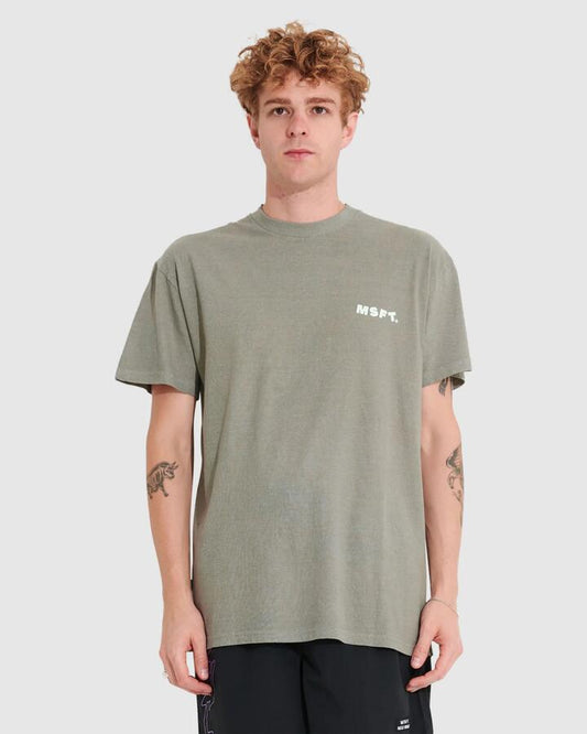 Image of a model wearing Tops. Productname: Misfit Mens Sister Coast 50-50 T-Shirt Pigment Ridge - in Pigment Ridge colour by brand - Misfit