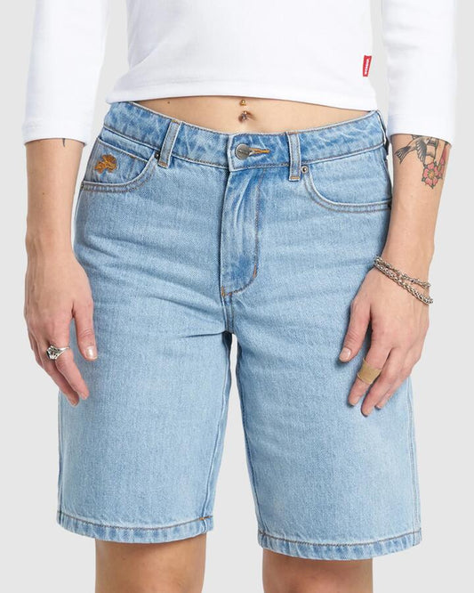 Image of a model wearing Shorts. Productname: Worship Womens Flutterby Carpenter Shorts Blew Dust - in Blew Dust colour by brand - Worship