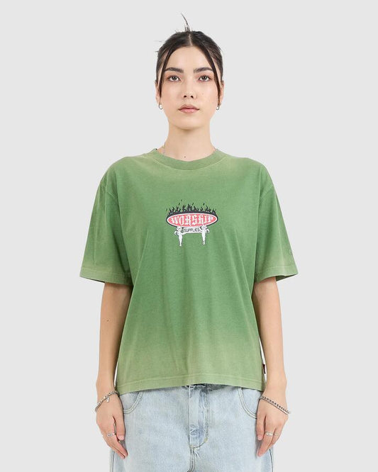 Image of a model wearing Tops. Productname: Worship Womens Eternal Regular Fit T-Shirt Green - in Green colour by brand - Worship