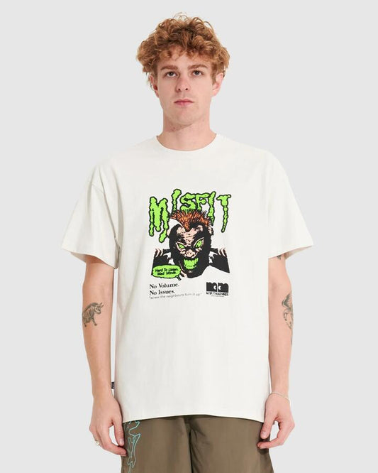 Image of a model wearing Tops. Productname: Misfit Mens New Issues 50-50 T-Shirt Thrift White - in Thrift White colour by brand - Misfit