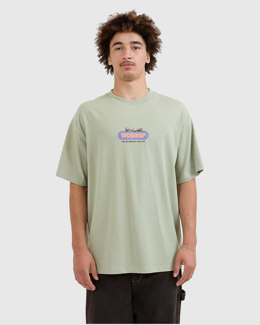 Image of a model wearing Tops. Productname: Worship Mens Chyrsalis Oversize T-Shirt Green - in Green colour by brand - Worship
