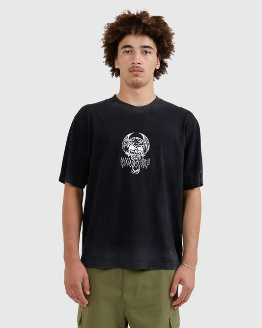 Image of a model wearing Tops. Productname: Worship Mens Death Eater T-Shirt Black - in Black colour by brand - Worship