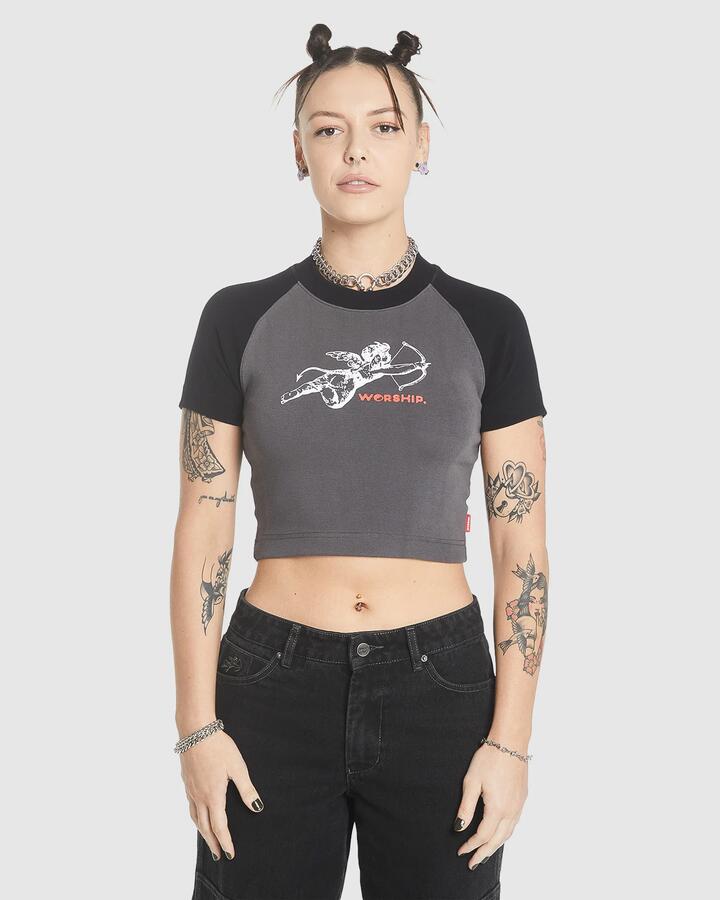 Image of a model wearing Tops. Productname: Worship Womens Cherub Raglan Micro T-Shirt Worn Black - in Worn Black colour by brand - Worship