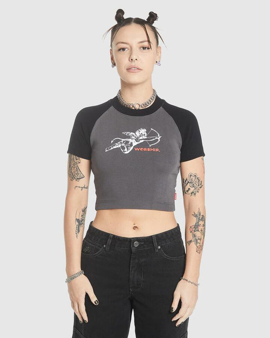 Image of T-Shirts. Product name - Worship Womens Cherub Raglan Micro T-Shirt Worn Black in Worn Black colour by brand - Worship