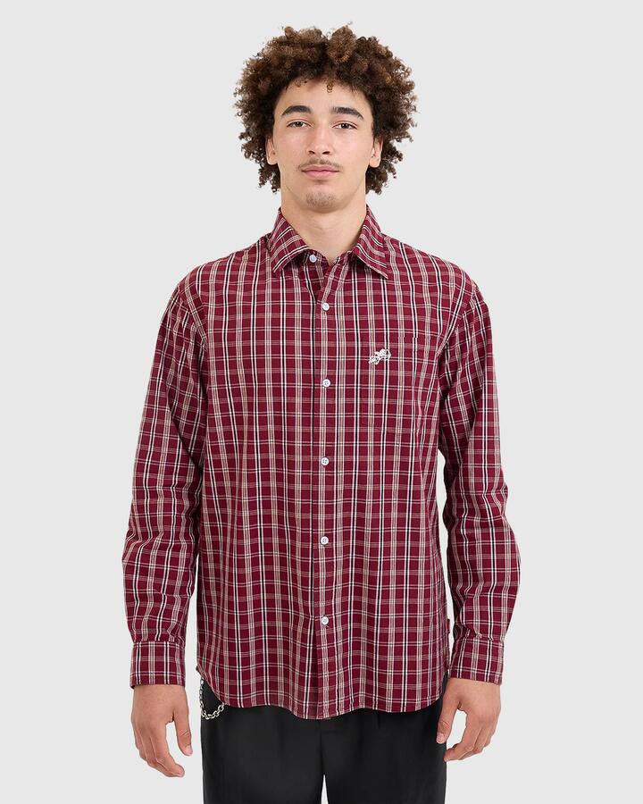 Image of a model wearing Tops. Productname: Worship - Mens Cherub Pocket Long Sleeve Shirt - Red - in Red colour by brand - Worship