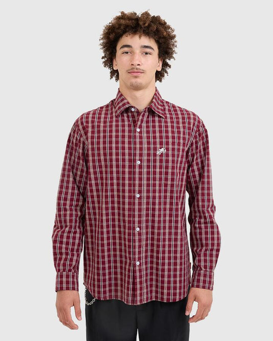 Image of a model wearing Tops. Productname: Worship - Mens Cherub Pocket Long Sleeve Shirt - Red - in Red colour by brand - Worship