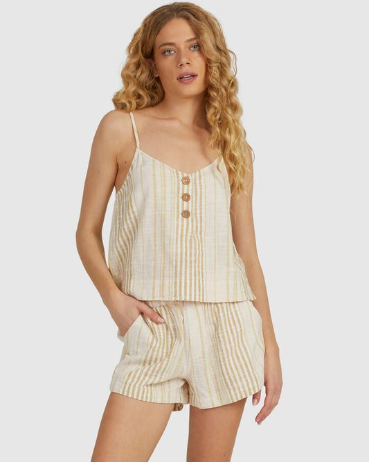 Image of a model wearing Shorts. Productname: Rip Curl - Womens Classic Surf Stripe Walk Shorts - Tan - in Tan colour by brand - Rip Curl
