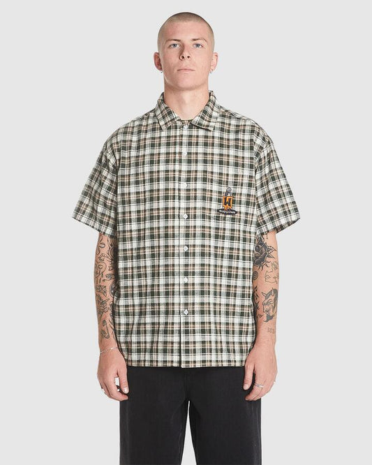 Image of a model wearing Tops. Productname: Worship - Mens Handy Short Sleeve Shirt - Rifle Green - in Rifle Green colour by brand - Worship