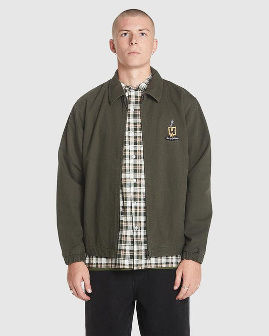 Image of a model wearing Outerwear. Productname: Worship - Mens Handy Shop Coach Jacket - Rifle Green - in Rifle Green colour by brand - Worship