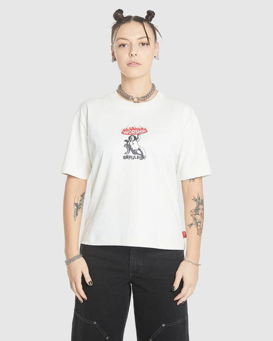 Image of T-Shirts. Productname: Worship Womens Hold Up Regular Fit T-Shirt Bone - in Bone colour by brand - Worship