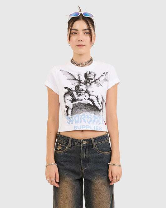 Image of T-Shirts. Productname: Worship Womens Horns Teeny T-Shirt White - in White colour by brand - Worship