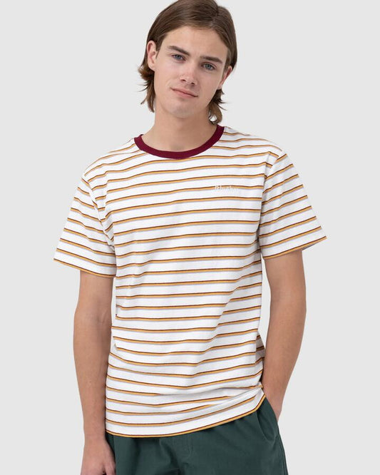 Image of a model wearing Tops. Productname: Rhythm Mens Everyday Stripe Short Sleeve T-Shirt Natural - in Natural colour by brand - Rhythm