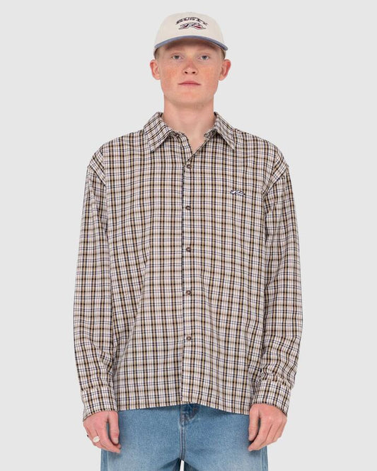 Image of a model wearing Tops. Productname: Rusty Mens Datsun Check Long Sleeve Shirt Light Khaki - in Light Khaki colour by brand - Rusty