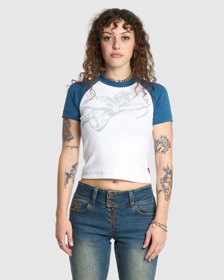 Image of T-Shirts. Product name - Worship Womens Cherub Slim Raglan T-Shirt Moroccan Blue in Moroccan Blue colour by brand - Worship