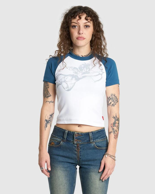 Image of T-Shirts. Productname: Worship Womens Cherub Slim Raglan T-Shirt Moroccan Blue - in Moroccan Blue colour by brand - Worship