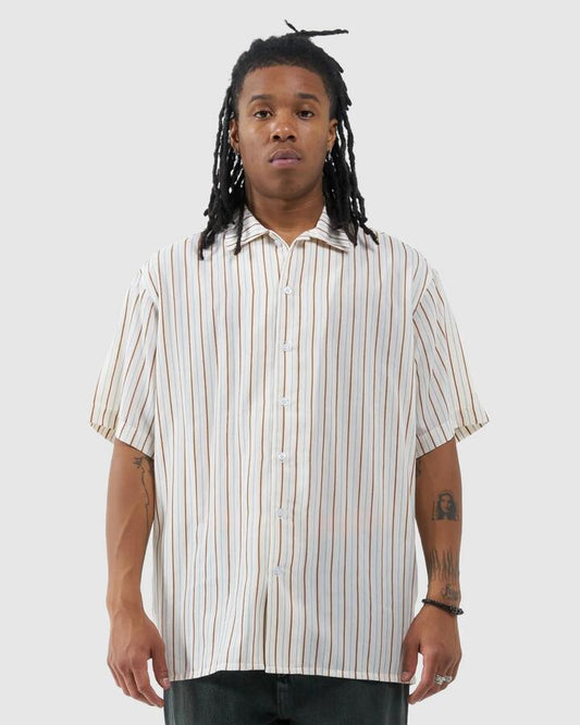 Image of a model wearing Tops. Productname: Worship - Mens Bare Stripe Short Sleeve Shirt - White Cap - in White Cap colour by brand - Worship