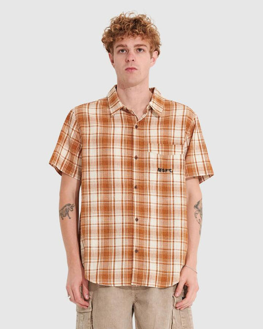 Image of a model wearing Tops. Productname: Misfit - Mens Teddy Herbs Short Sleeve Shirt - Tan - in Tan colour by brand - Misfit