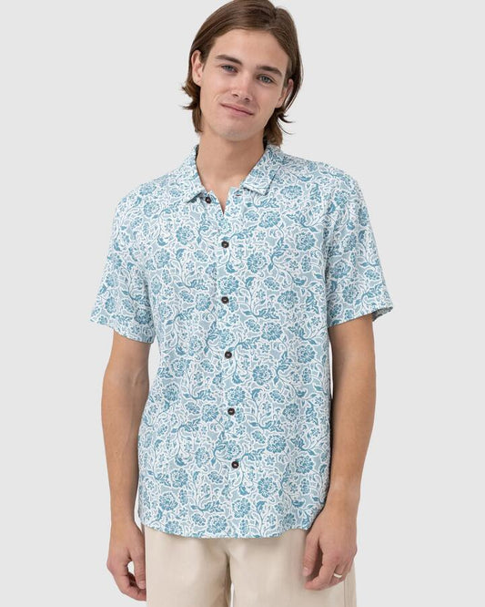 Image of a model wearing Tops. Productname: Rhythm - Mens Nazare Short Sleeve Shirt - Slate - in Slate colour by brand - Rhythm