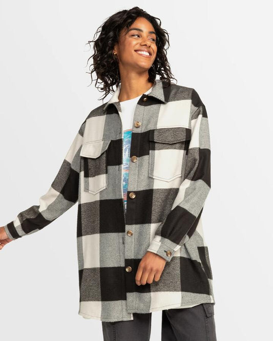 Image of a model wearing Outerwear. Productname: Roxy - Womens Check The Swell Checkered Shacket - Mono Lumberjack - in Mono Lumberjack colour by brand - Roxy