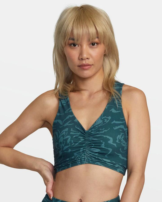 Image of Activewear. Productname: RVCA Womens Gathered Front Mid Support Sports Bra Lotus - in Lotus colour by brand - RVCA