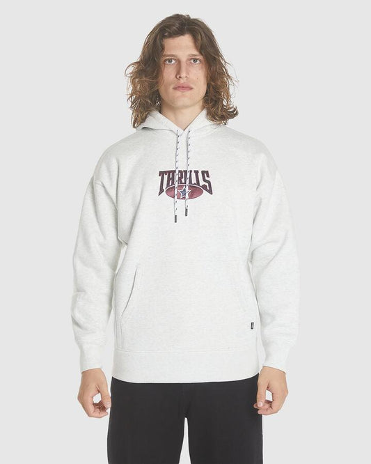 Image of a model wearing Outerwear. Product name - Thrills Mens Full Ride Slouch Pullover Hoodie White Marle in White Marle colour by brand - Thrills