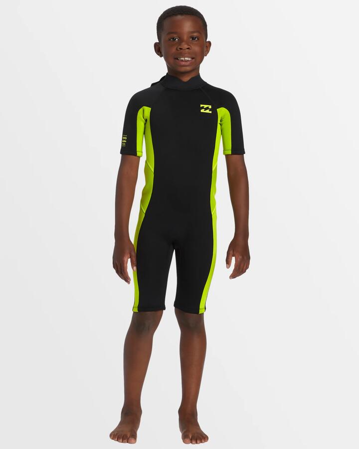 Image of a model wearing Tops. Productname: Billabong Boys 2-6 2/2Mm Foil Back Zip Springsuit Fluro Lime - in Fluro Lime colour by brand - Billabong