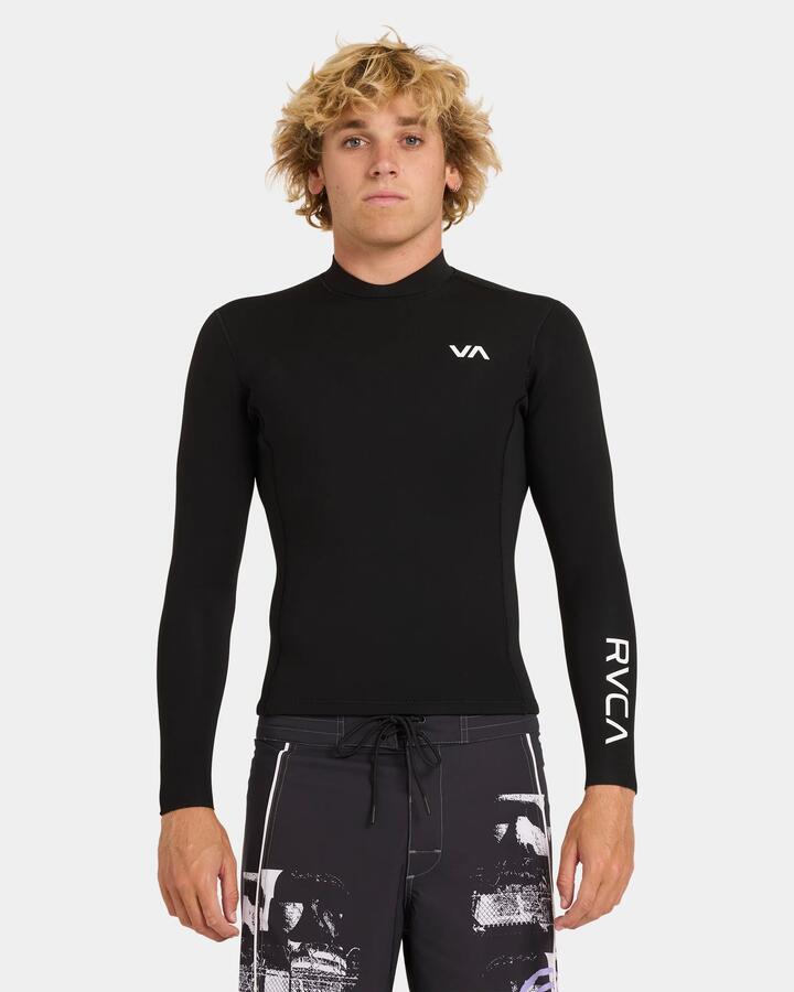 Image of a model wearing Tops. Product name - RVCA Mens 2Mm Balance Back Zip Long Sleeve Wetsuit Top Black in Black colour by brand - RVCA