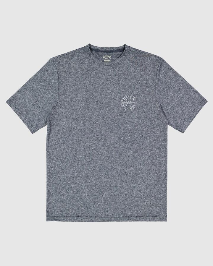 Image of a model wearing Tops. Productname: Billabong - Mens Big Wave Daz Short Sleeve Rash Vest - Navy Heather - in Navy Heather colour by brand - Billabong