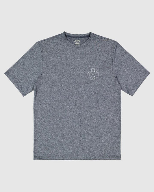 Image of a model wearing Tops. Productname: Billabong - Mens Big Wave Daz Short Sleeve Rash Vest - Navy Heather - in Navy Heather colour by brand - Billabong