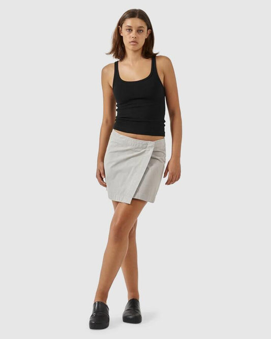 Image of a model wearing Skirts. Productname: Thrills - Womens Attacca Wrap Mini Skirt - Storm Grey - in Storm Grey colour by brand - Thrills