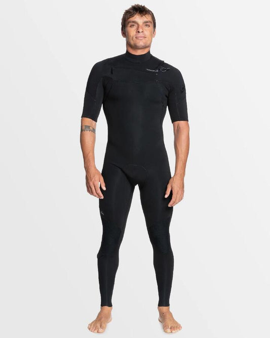 Image of a model wearing Tops. Productname: Quiksilver - Mens 2/2Mm Everyday Sessions Short Sleeve Springsuit - Black - in Black colour by brand - Quiksilver