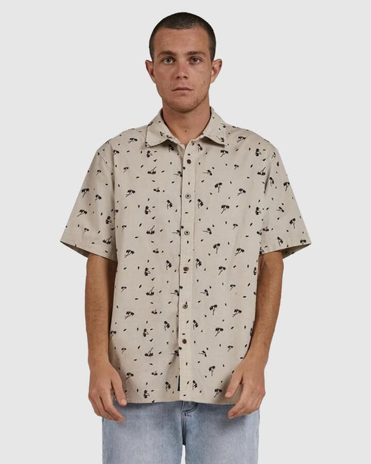 Image of a model wearing Tops. Productname: Thrills - Mens Hell Raised Short Sleeve Shirt - Oatmeal - in Oatmeal colour by brand - Thrills