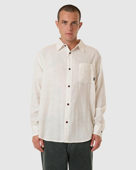 Image of a model wearing Tops. Product name - Thrills Mens Hemp Minimal Thrills Oversized Long Sleeve Shirt Dirty White in Dirty White colour by brand - Thrills