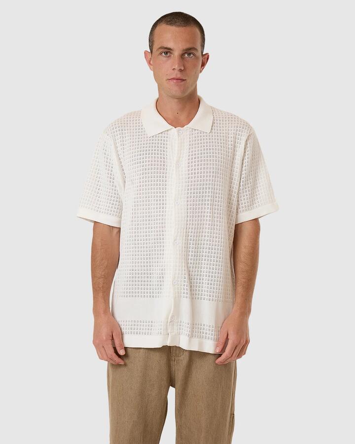 Image of Shirts. Productname: Thrills - Mens Lost In Paradise Knit Bowling Shirt - Unbleached - in Unbleached colour by brand - Thrills