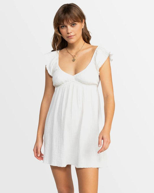 Image of Dresses. Productname: Roxy - Womens Luna Mini Puff Sleeves Mini Dress - Egret - in Egret colour by brand - Roxy