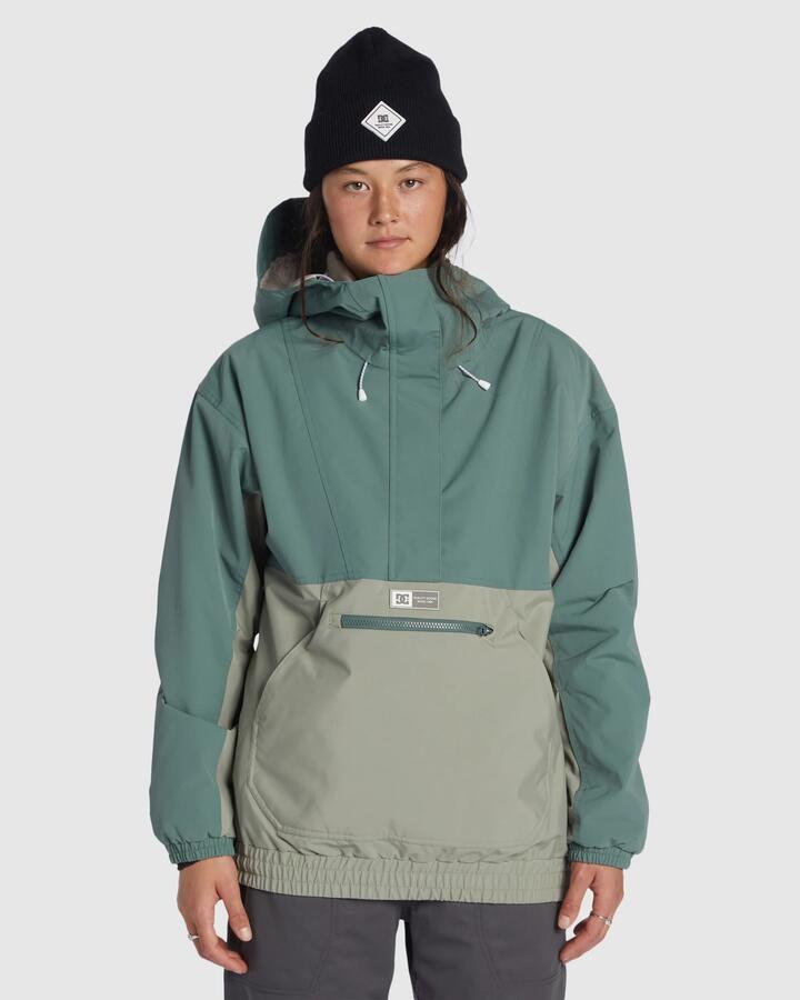 Image of a model wearing Outerwear. Product name - DC Shoes Womens Chalet Anorak Snow Jacket Dark Forest in Dark Forest colour by brand - DC Shoes