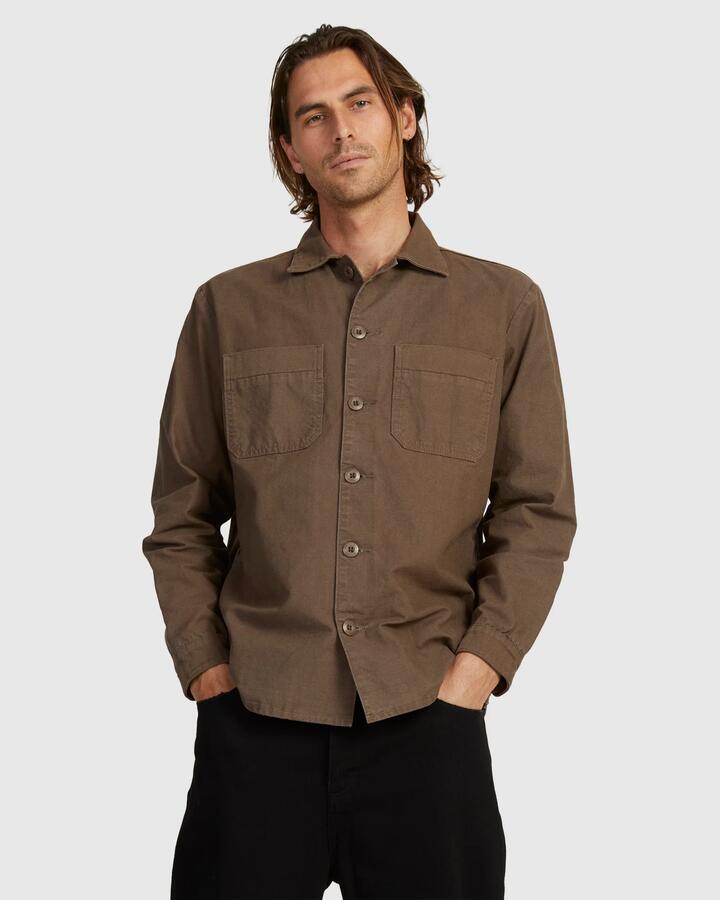 Image of a model wearing Tops. Productname: Thrills - Mens Century Long Sleeve Shirt - Canteen - in Canteen colour by brand - Thrills