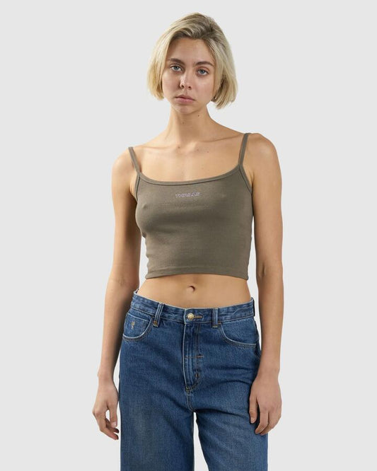 Image of a model wearing Tops. Productname: Thrills - Womens Clique Bound Crop Tank Top - Desert - in Desert colour by brand - Thrills