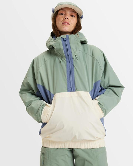 Image of a model wearing Outerwear. Product name - Roxy Womens Snow Anorak Jacket Lily Pad in Lily Pad colour by brand - Roxy