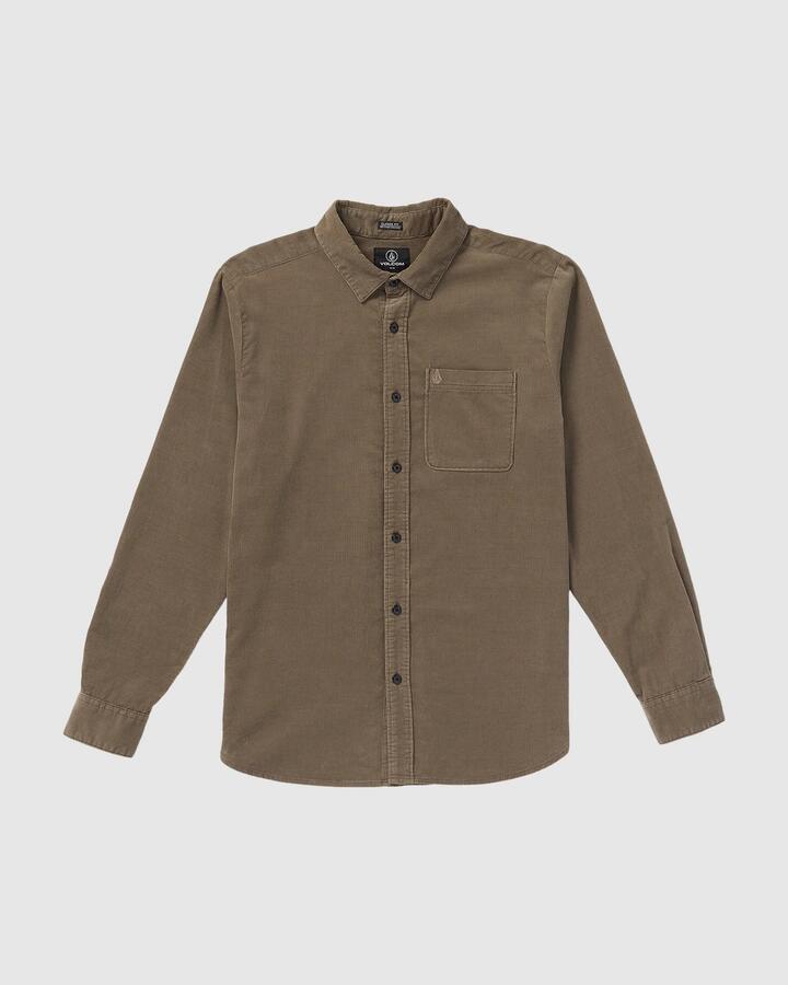 Image of a model wearing Tops. Productname: Volcom - Mens Zander Long Sleeve Shirt - Teak - in Teak colour by brand - Volcom