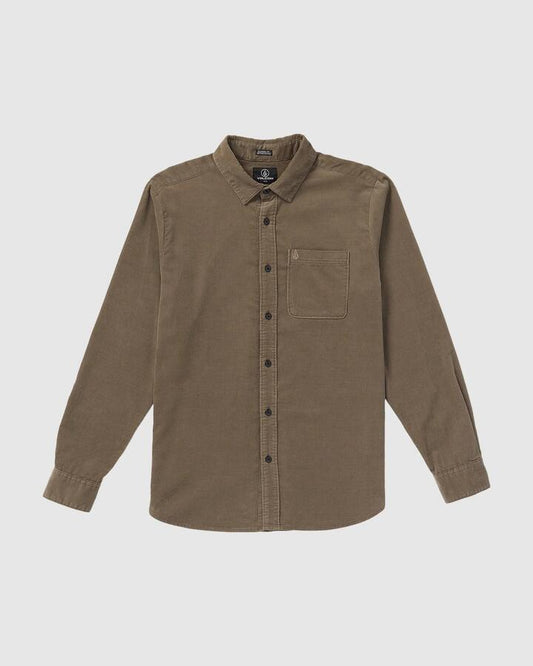 Image of a model wearing Tops. Productname: Volcom - Mens Zander Long Sleeve Shirt - Teak - in Teak colour by brand - Volcom