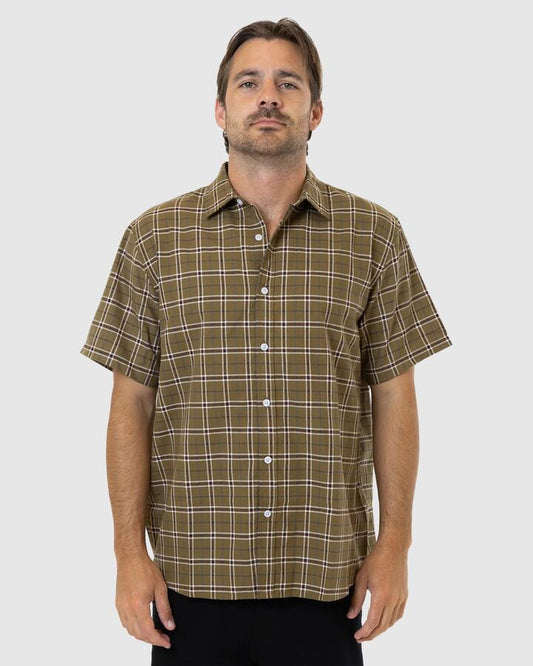 Image of a model wearing Tops. Productname: Thrills - Mens Steadfast Check Short Sleeve Shirt - Mustard Gold - in Mustard Gold colour by brand - Thrills