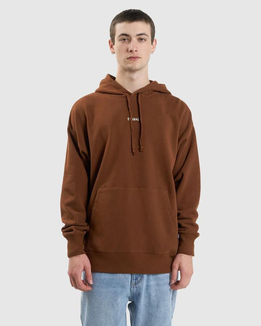 Image of a model wearing Outerwear. Productname: Thrills - Mens Minimal Slouch Pullover Hoodie - Chestnut - in Chestnut colour by brand - Thrills
