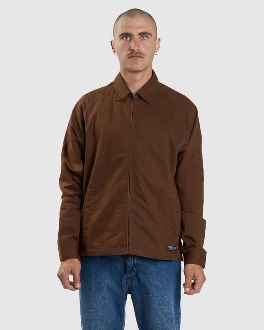 Image of a model wearing Outerwear. Productname: Thrills - Mens Minimal Thrills Coach Jacket - Chestnut - in Chestnut colour by brand - Thrills